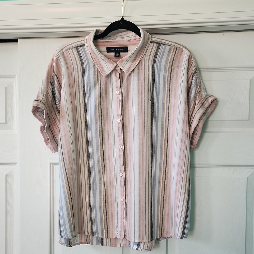 Tommy Hilfiger Pink Striped Short-Sleeve Linen Shirt